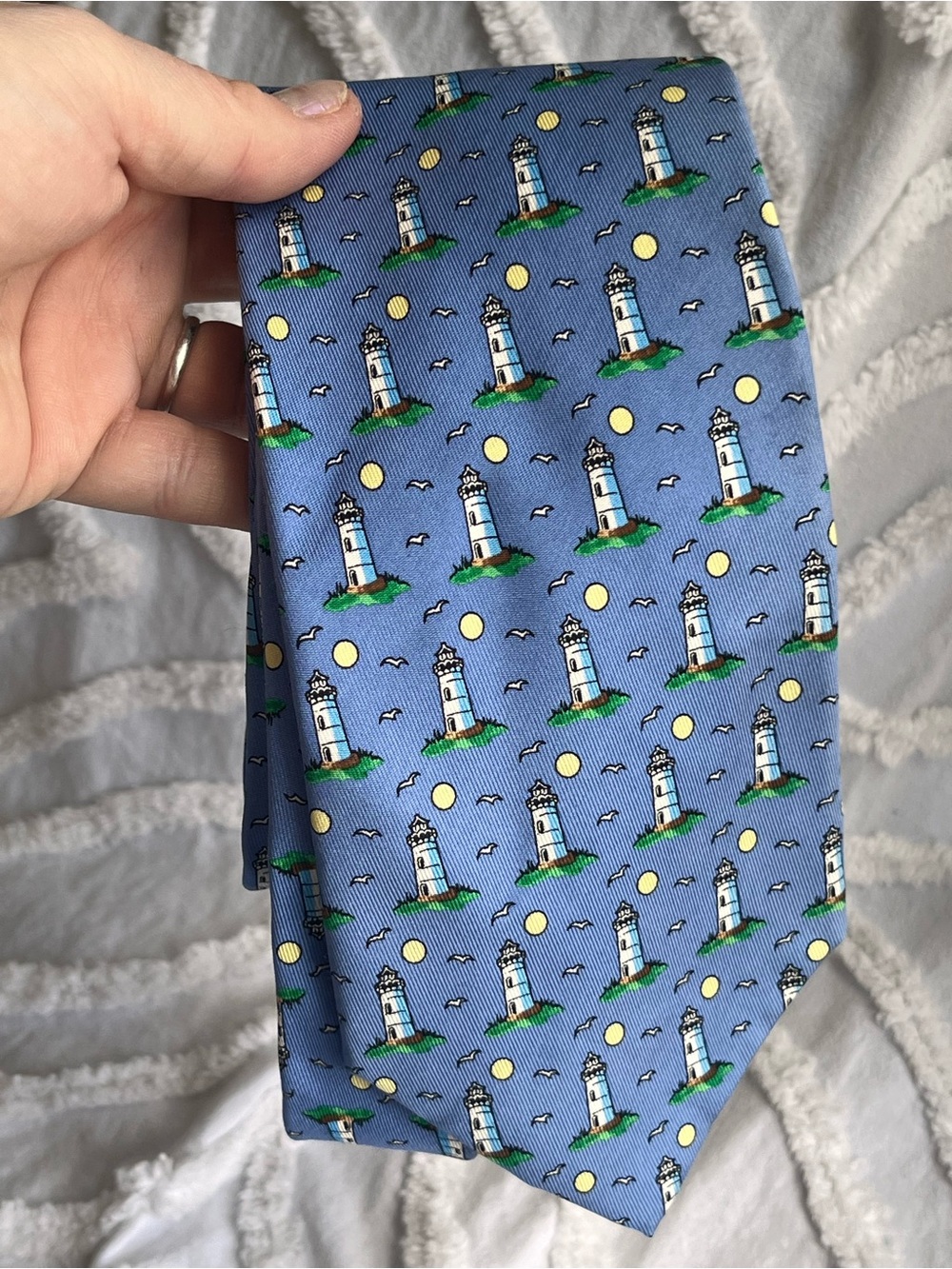 Martha’s Vineyard Lighthouse Print Men's Tie - Blue, 100% Silk